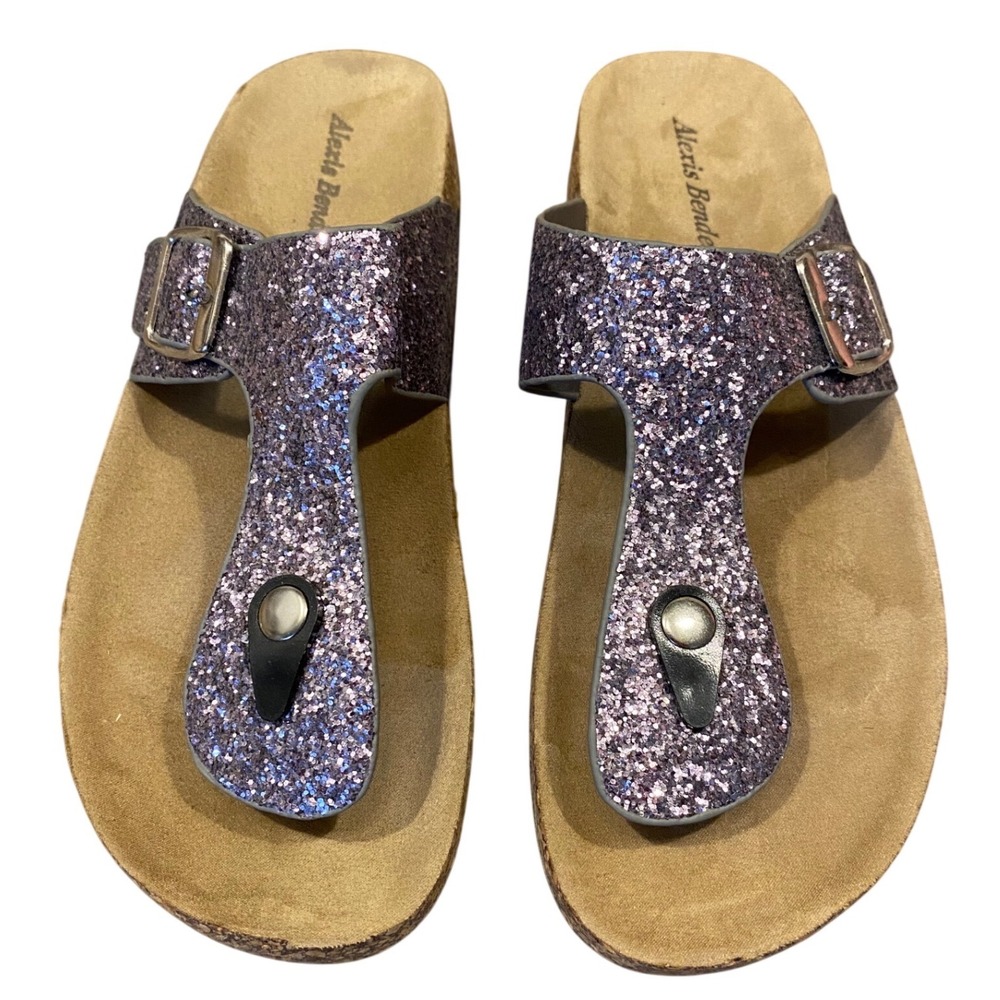 Alexis Bendel Womens Purple Glitter Thong Sandals Cork Footbed Slides Size 41